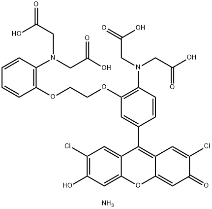 N-[2-[2-[2-[ビス(カルボキシメチル)アミノ]-5-(2,7-ジクロロ-6-ヒドロキシ-3-オキソ-3H-キサンテン-9-イル)フェノキシ]エトキシ]-4-メチルフェニル]-N-(カルボキシメチル)グリシン 化学構造式
