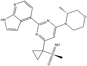 4-[4-[(3R)-3-メチルモルホリン-4-イル]-6-[1-(S-メチルスルホンイミドイル)シクロプロピル]ピリミジン-2-イル]-1H-ピロロ[2,3-b]ピリジン 化学構造式
