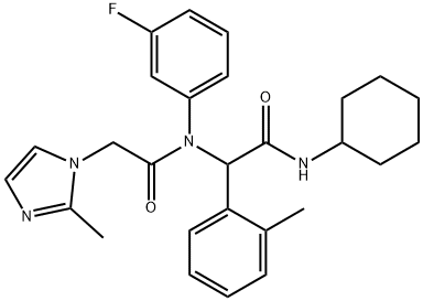 N-シクロヘキシル-2-(2-メチルフェニル)-2-[(3-フルオロフェニル)[2-(2-メチル-1H-イミダゾール-1-イル)アセチル]アミノ]アセトアミド 化学構造式