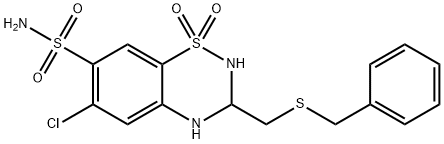 3-[(ベンジルチオ)メチル]-6-クロロ-3,4-ジヒドロ-2H-1,2,4-ベンゾチアジアジン-7-スルホンアミド1,1-ジオキシド 化学構造式