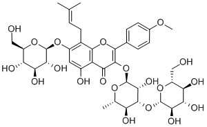 3-[(6-Deoxy-3-O-beta-D-glucopyranosyl-alpha-L-mannopyranosyl)oxy]-7-(beta-D-glucopyranosyloxy)-5-hydroxy-2-(4-methoxyphenyl)-8-(3-methyl-2-buten-1-yl)-4H-1-benzopyran-4-one Struktur