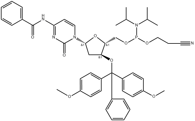 N-苯甲酰基-5'-O-[(二异丙基氨)-(2-氰基乙氧基)氧磷基]-3'-O-(4,4'-二甲氧基三苯甲基)-2'-脱氧胞啶 结构式
