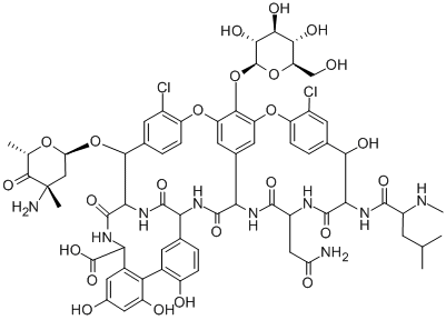 22-O-(3-アミノ-2,3,4,6-テトラデオキシ-3-C-メチル-4-オキソ-α-L-threo-ヘキソピラノシル)-2′-O-デス(3-アミノ-2,3,6-トリデオキシ-3-C-メチル-α-L-lyxo-ヘキソピラノシル)バンコマイシン 化学構造式