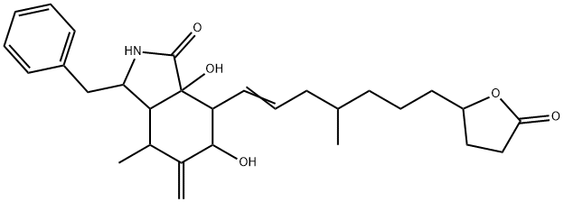 オクタヒドロ-6,7a-ジヒドロキシ-4-メチル-5-メチレン-7-[4-メチル-7-(テトラヒドロ-5-オキソフラン-2-イル)-1-ヘプテニル]-3-(フェニルメチル)-1H-イソインドール-1-オン 化学構造式