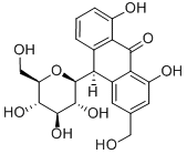 (S)-10-(β-D-グルコピラノシル)-1,8-ジヒドロキシ-3-(ヒドロキシメチル)アントラセン-9(10H)-オン 化学構造式