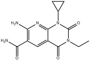 7-アミノ-1-シクロプロピル-3-エチル-2,4-ジオキソピリド[2,3-D]ピリミジン-6-カルボキサミド 化学構造式