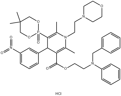 2,6-ジメチル-5-(5,5-ジメチル-2-オキソ-1,3,2-ジオキサホスホリナン-2-イル)-1-(2-モルホリノエチル)-4-(3-ニトロフェニル)-1,4-ジヒドロ-3-ピリジンカルボン酸2-(ベンジルフェニルアミノ)エチル·2塩酸塩 化学構造式
