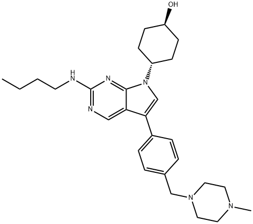 反式-4-[2-(丁基氨基)-5-[4-[(4-甲基-1-哌嗪基)甲基]苯基]-7H-吡咯并[2,3-D]嘧啶-7-基]-环己醇, 1429881-91-3, 结构式