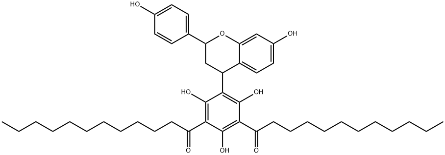 1-{3-ドデカノイル-2,4,6-トリヒドロキシ-5-[7-ヒドロキシ-2-(4-ヒドロキシフェニル)-3,4-ジヒドロ-2H-1-ベンゾピラン-4-イル]フェニル}ドデカン-1-オン 化学構造式