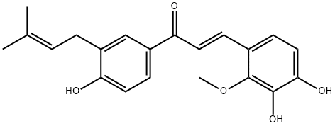 2-Propen-1-one, 3-(3,4-dihydroxy-2-Methoxyphenyl)-1-[4-hydroxy-3-(3-Methyl-2-butenyl)p henyl]-, (E)- Struktur
