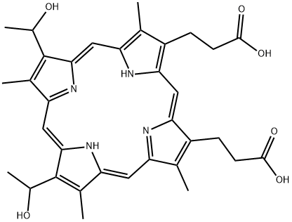 7,12-ビス(1-ヒドロキシエチル)-3,8,13,17-テトラメチル-21H,23H-ポルフィリン-2,18-ジプロパン酸 化学構造式