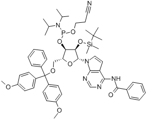N-[7-[5-O-[二(4-甲氧基苯基)苯基甲基]-3-O-[[二异丙基氨基](2-氰基乙氧基)膦基]-2-O-[(叔丁基)二甲基硅烷基]-BETA-D-呋喃核糖基]-7H-吡咯并[2,3-D]嘧啶-4-基]苯甲酰胺 结构式