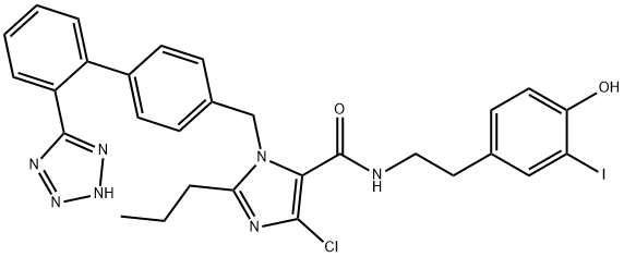 4-クロロ-N-[2-(4-ヒドロキシ-3-ヨードフェニル)エチル]-2-プロピル-1-[[2′-(1H-テトラゾール-5-イル)[1,1′-ビフェニル]-4-イル]メチル]-1H-イミダゾール-5-カルボアミド 化学構造式