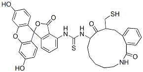 N-(fluoresceinyl)-N'-(1-(6-(3-mercapto-2-benzyl-1-oxopropyl)amino)-1-hexyl)thiocarbamide Structure