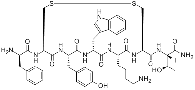 H-D-PHE-CYS-TYR-D-TRP-LYS-CYS-THR-NH2(DISULFIDE BRIDGE: 2-6), 147159-51-1, 结构式