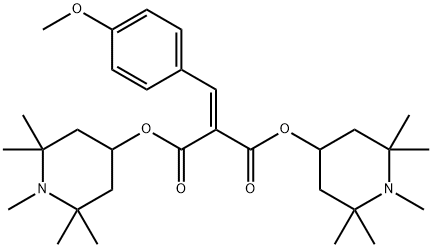 Propanedioic acid, (4-methoxyphenyl)methylene-, bis(1,2,2,6,6-pentamethyl-4-piperidinyl) ester Struktur