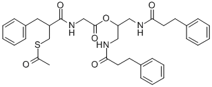 Glycine, N-(2-((acetylthio)methyl)-1-oxo-3-phenylpropyl)-, 2-((1-oxo-3 -phenylpropyl)amino)-1-(((1-oxo-3-phenylpropyl)amino)methyl)ethyl este r, (+-)- Structure
