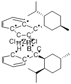 (-)-双[1-{(1'S,2'S,5'R)-2'-I-丙基-5'-甲基环己基}茚基]二氯化锆(IV) 结构式