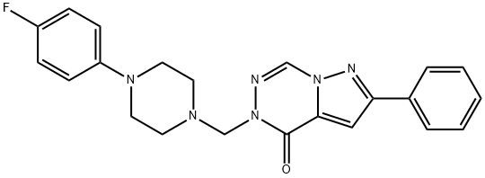 4-[[4-(4-fluorophenyl)piperazin-1-yl]methyl]-8-phenyl-1,3,4,9-tetrazab icyclo[4.3.0]nona-2,6,8-trien-5-one Struktur