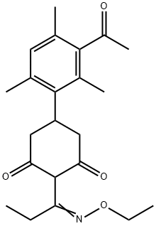 1-(4-(3-acetyl-2,4,6-trimethylphenyl)-2,6-cyclohexanedionyl)-O-ethyl propionaldehyde oxime Struktur