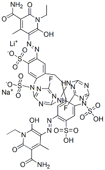 1,3-bis{6-fluoro-4-[1,5-disulfo-4-(3-aminocarbonyl-1-ethyl-6-hydroxy-4-methyl-pyrid-2-on-5-ylazo)-phenyl-2-ylamino]-1,3,5-triazin-2-ylamino}propane lithium-, sodium salt|