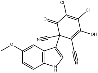 4,5-Dichloro-3-hydroxy-1-(5-methoxy-1H-indol-3-yl)-6-oxocyclohexa-
2,4-diene-1,2-dicarbonitrile Struktur