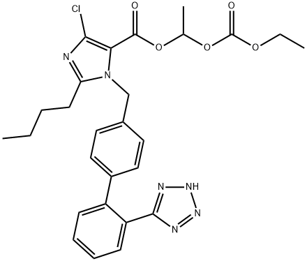 1-[[2′-(1H-テトラゾール-5-イル)ビフェニル-4-イル]メチル]-2-ブチル-4-クロロ-1H-イミダゾール-5-カルボン酸1-[(エトキシカルボニル)オキシ]エチル 化学構造式