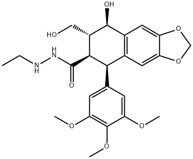 5,6,7,8-テトラヒドロ-8β-ヒドロキシ-7α-(ヒドロキシメチル)-5β-(3,4,5-トリメトキシフェニル)ナフト[2,3-d]-1,3-ジオキソール-6β-カルボン酸2-エチルヒドラジド 化学構造式