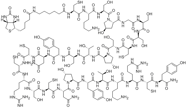 BIOTINYL-EPSILONAHX-CYS-LYS-SER-HYP-GLY-SER-SER-CYS-SER-HYP-THR-SER-TYR-ASN-CYS-CYS-ARG-SER-CYS-ASN-HYP-TYR-THR-LYS-ARG-CYS-TYR-NH2 Structure