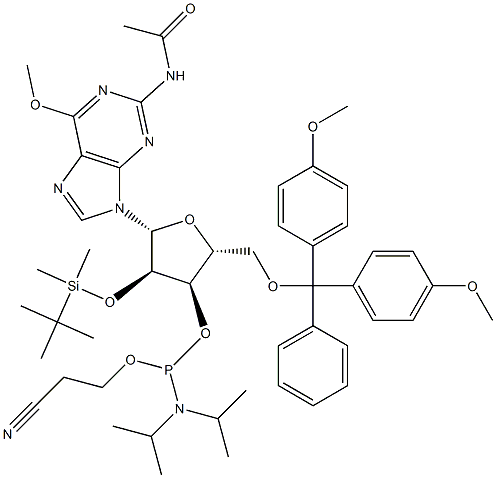 N-Acetyl-5'-O-(4,4-dimethoxytrityl)-2'-O-[(tert-butyl)dimethylsilyl]-6'-O-methylguanosine-3'-(2-cyanoethyl-N,N-diisopropyl)phosphoramidite Struktur