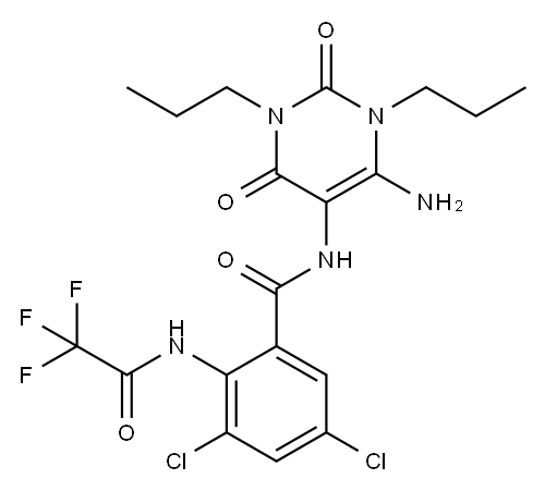 Benzamide,  N-(6-amino-1,2,3,4-tetrahydro-2,4-dioxo-1,3-dipropyl-5-pyrimidinyl)-3,5-dichloro-2-[(trifluoroacetyl)amino]-  (9CI) Struktur