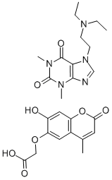 7-[2-(ジエチルアミノ)エチル]-3,7-ジヒドロ-1,3-ジメチル-1H-プリン-2,6-ジオン・[(7-ヒドロキシ-4-メチル-2-オキソ-2H-1-ベンゾピラン-6-イル)オキシ]酢酸 化学構造式