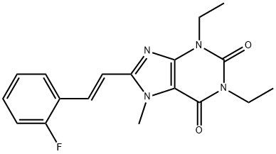 (E)-1,3-Diethyl-8-(2-(2-fluorophenyl)ethenyl)-7-methyl-3,7-dihydro-1H- purine-2,6-dione Structure