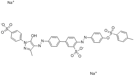 4'-[[4,5-ジヒドロ-3-メチル-5-オキソ-1-(4-スルホフェニル)-1H-ピラゾール-4-イル]アゾ]-4-[[4-[[(4-メチルフェニル)スルホニル]オキシ]フェニル]アゾ]-1,1'-ビフェニル-3-スルホン酸二ナトリウム 化学構造式