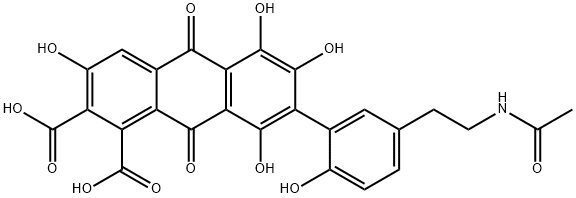 7-[5-[2-(アセチルアミノ)エチル]-2-ヒドロキシフェニル]-9,10-ジヒドロ-3,5,6,8-テトラヒドロキシ-9,10-ジオキソ-1,2-アントラセンジカルボン酸 化学構造式