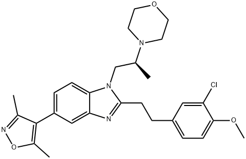 1-[(S)-2-モルホリノプロピル]-2-[2-(3-クロロ-4-メトキシフェニル)エチル]-5-(3,5-ジメチルイソオキサゾール-4-イル)-1H-ベンゾイミダゾール 化学構造式