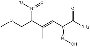 (±)-(E)-メチル-2-[(E)-ヒドロキシイミノ]-5-ニトロ-6-メトキシ-3-ヘキセンアミド 化学構造式