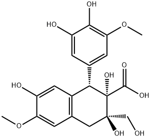 (1S)-1α-(3,4-ジヒドロキシ-5-メトキシフェニル)-1,2,3,4-テトラヒドロ-2α,3β,7-トリヒドロキシ-3-ヒドロキシメチル-6-メトキシ-2-ナフタレンカルボン酸 化学構造式