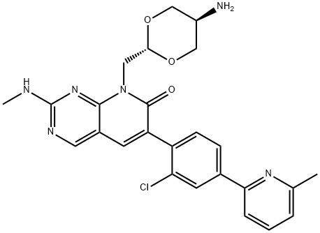 2-(メチルアミノ)-6-[2-クロロ-4-(6-メチル-2-ピリジニル)フェニル]-8-(5β-アミノ-1,3-ジオキサン-2α-イルメチル)-7,8-ジヒドロピリド[2,3-d]ピリミジン-7-オン 化学構造式