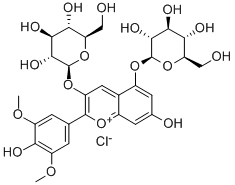 3,5-ビス(β-D-グルコピラノシルオキシ)-7-ヒドロキシ-2-(3,5-ジメトキシ-4-ヒドロキシフェニル)-1-ベンゾピリリウム·クロリド 化学構造式