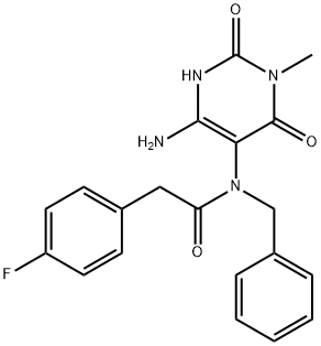 Benzeneacetamide,  N-(4-amino-1,2,3,6-tetrahydro-1-methyl-2,6-dioxo-5-pyrimidinyl)-4-fluoro-N-(phenylmethyl)- Struktur