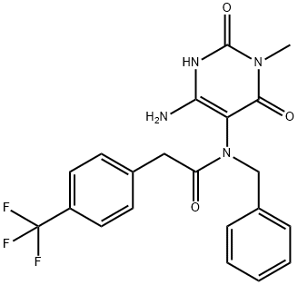 Benzeneacetamide,  N-(4-amino-1,2,3,6-tetrahydro-1-methyl-2,6-dioxo-5-pyrimidinyl)-N-(phenylmethyl)-4-(trifluoromethyl)- Struktur