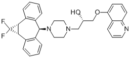 (2R)-1-{4-[(1aR,6r,10bS)-1,1-Difluoro-1,1a,6,10b-tetrahydrodibenzo[a,e]cyclopropa[c]cyclohepten-6-yl]piperazin-1-yl}-3-(quinolin-5-yloxy)propan-2-ol Struktur