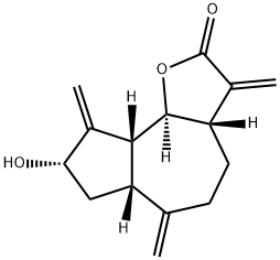 (3aS)-3a,4,5,6,6aβ,7,8,9,9aβ,9bα-デカヒドロ-8α-ヒドロキシ-3,6,9-トリス(メチレン)アズレノ[4,5-b]フラン-2(3H)-オン 化学構造式