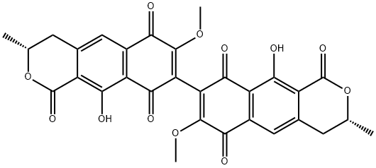 (3R,3'R)-3,3'-ジメチル-7,7'-ジメトキシ-10,10'-ジヒドロキシ-3,3',4,4'-テトラヒドロ-8,8'-ビ[1H-ナフト[2,3-c]ピラン]-1,1',6,6',9,9'-ヘキサオン 化学構造式