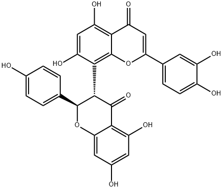 (2S,3R)-3-[2-(3,4-ジヒドロキシフェニル)-5,7-ジヒドロキシ-4-オキソ-4H-1-ベンゾピラン-8-イル]-2,3-ジヒドロ-5,7-ジヒドロキシ-2-(4-ヒドロキシフェニル)-4H-1-ベンゾピラン-4-オン 化学構造式
