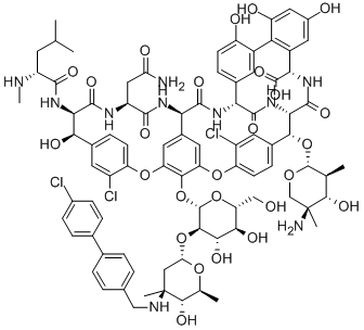 (4′′R)-3′′-N-[(4′-クロロ-1,1′-ビフェニル-4-イル)メチル]-22-O-(3-アミノ-3-C-メチル-2,3,6-トリデオキシ-α-L-arabino-ヘキソピラノシル)バンコマイシン 化学構造式