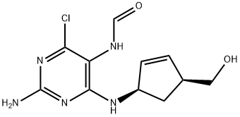 N-[2-Amino-4-chloro-6-[[(1R,4S)-4-(hydroxymethyl)-2-cyclopenten-1-yl]amino]-5-pyrimidinyl]formamide 化学構造式