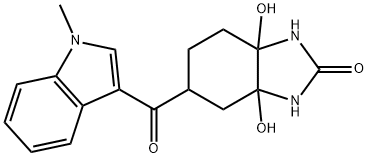 3a,7a-dihydroxy-5-(1-methyl-1H-indole-3-carbonyl)-hexahydro-1H-benzo[d]imidazol-2(3H)-one Struktur