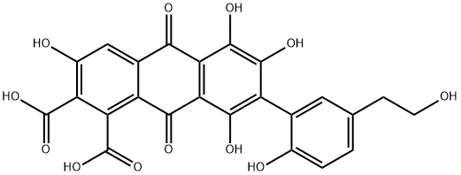 7-[2-ヒドロキシ-5-(2-ヒドロキシエチル)フェニル]-3,5,6,8-テトラヒドロキシ-9,10-ジオキソ-9,10-ジヒドロ-1,2-アントラセンジカルボン酸 化学構造式